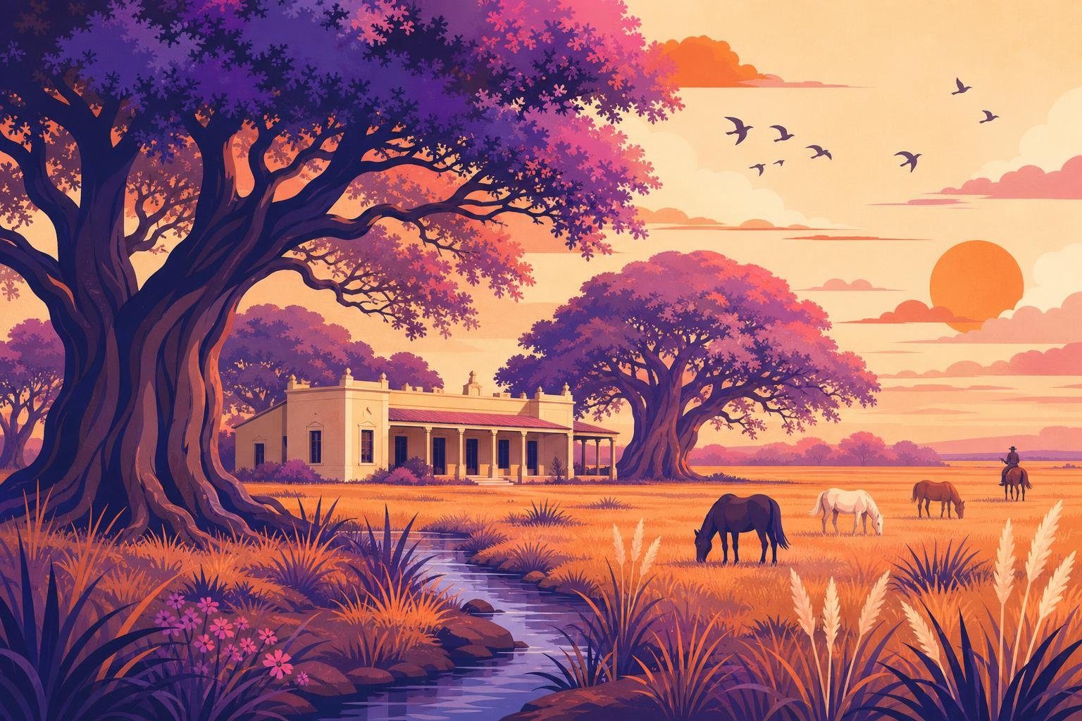 Casa de campo antigua rodeada de ombúes gigantes en la llanura pampeana con aves y caballos (imagen generada con AI)